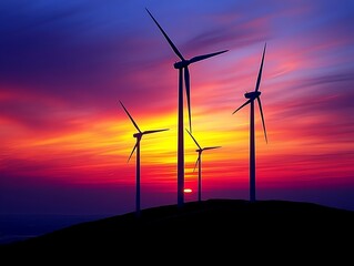 Obraz premium Wind turbines silhouetted against a vibrant sunset, symbolizing clean energy and renewable resources.