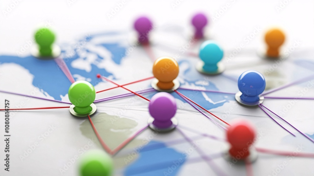 Aufkleber colorful pushpins connecting locations on world map symbolizing global network
