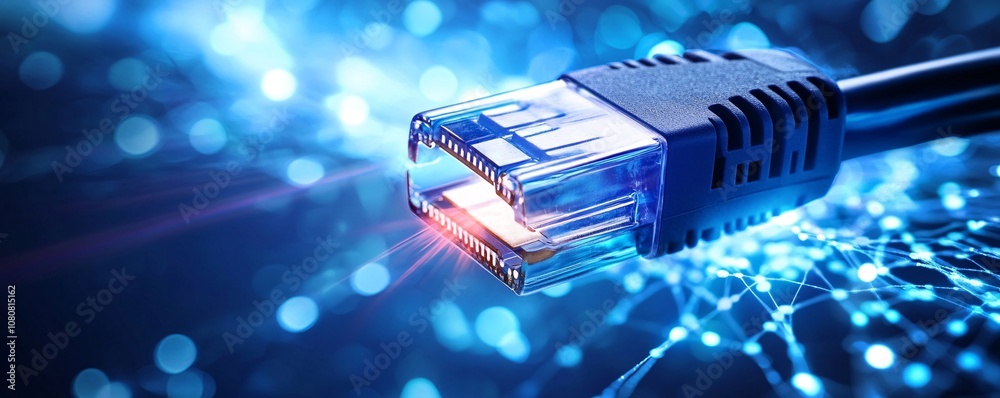 Poster Network cable transmitting data with bokeh effect