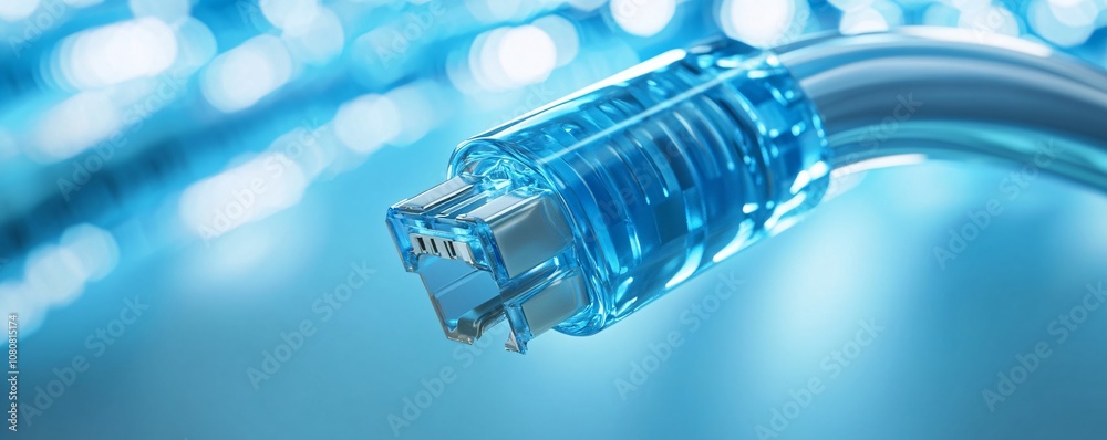 Poster Transparent rj45 network connector cable transmitting data on blurred background
