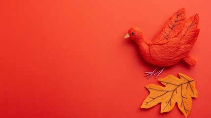 Thanksgiving background with a cute felt turkey on red-orange colored paper,