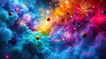 Fototapeta premium Vibrant cosmic explosion with colorful fireworks and celestial bodies in a dreamlike space