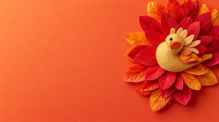 Thanksgiving background with a cute felt turkey on red-orange colored paper,