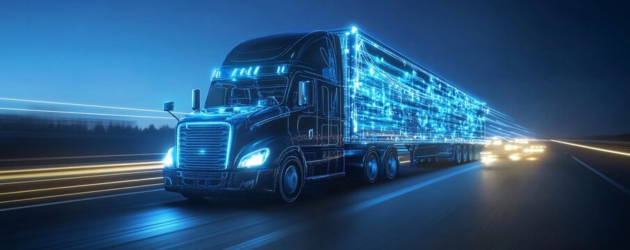Futuristic autonomous truck driving on highway at night delivering goods
