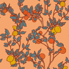 Mediterranean botanical vintage retro wallpaper. Floral fruity orange yellow seamless pattern - oranges and lemons. Hand drawn illustration ornament