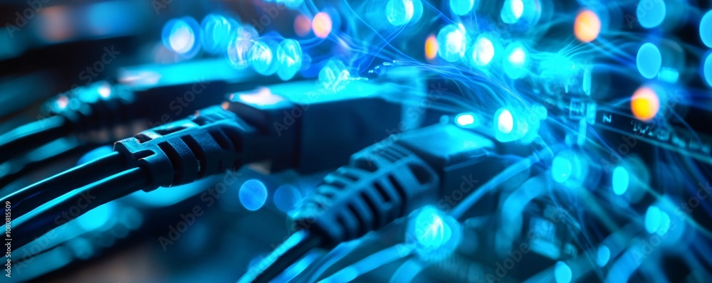Poster Network cables transferring data with glowing bokeh effect illuminating the background