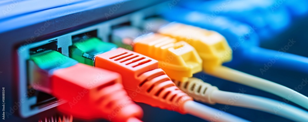 Poster colorful ethernet cables connecting to router providing internet access