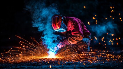 man welding in a read fire resistant suit in a dark room with beautiful blue