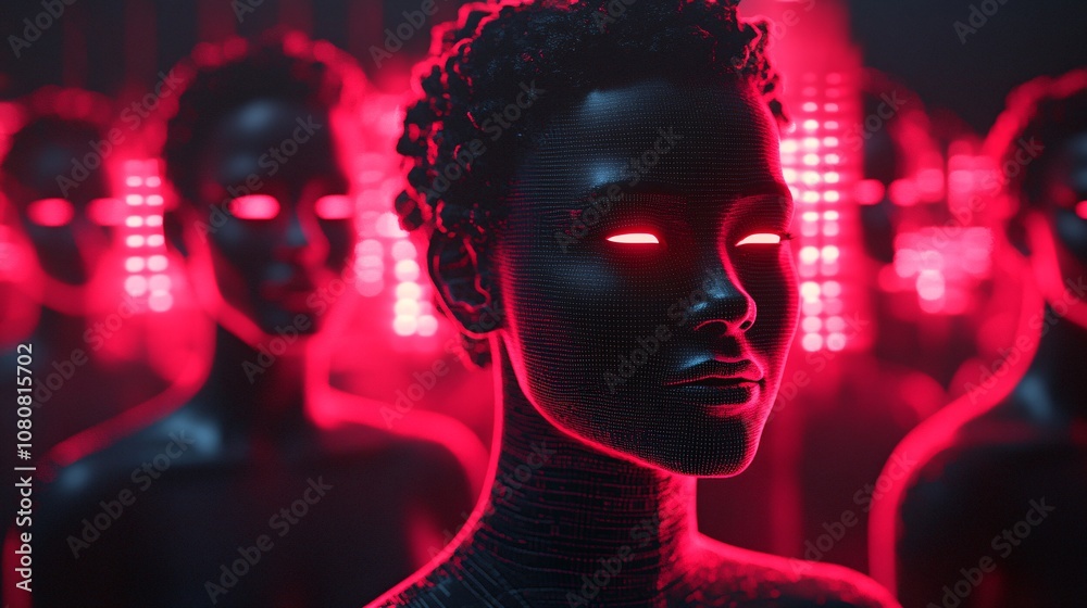 Aufkleber artificial intelligence humanoids glowing with red eyes in futuristic server room