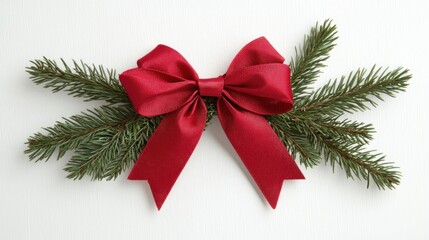 Elegant Red Bow with Fresh Evergreen Sprigs for Holiday Decor, Perfect for Christmas Celebrations, Gifts, and Festive Decorations