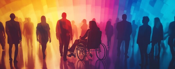 Woman in wheelchair moving towards colorful light with crowd
