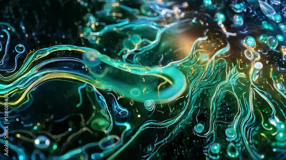 Poster abstract energy flows and glows with a network of lines, while bubbles float around, creating a vibr