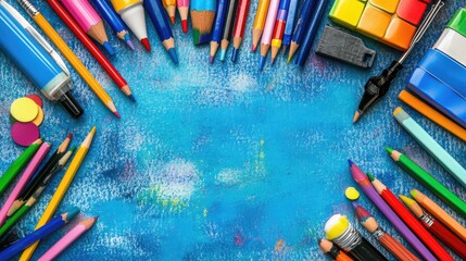 Colorful Pencils, Markers, and Erasers Arranged on a Blue Surface