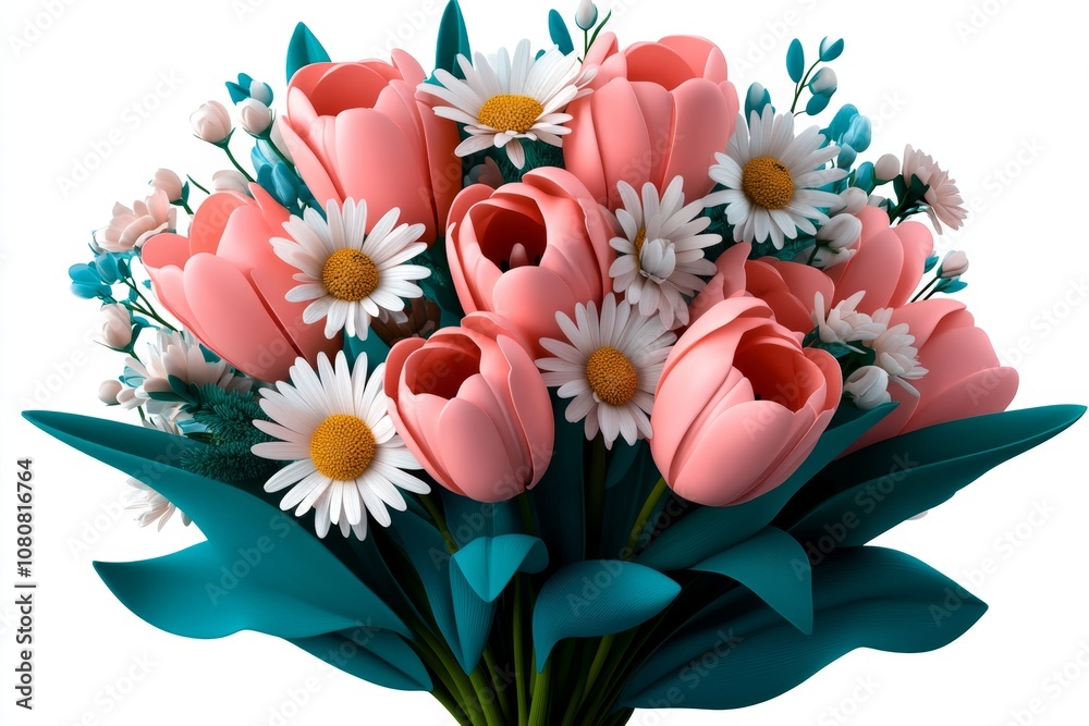 Poster Flat 2D illustration of a bouquet of tulips and daisies in soft colors on a white background, cheerful and simple