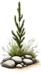 Fototapeta premium Pine sapling surrounded by rocks and grass, white isolated background.