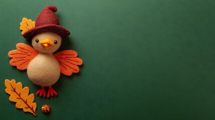 Photo of a cute, happy felt turkey wearing a hat on a green background, in a flat lay, top-view composition,