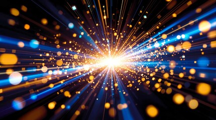 Fototapeta premium Futuristic technology scene, with blurred light trails in blue and golden hues, forming a dynamic starburst effect, suggesting high-speed data transfer and motion in a digital world