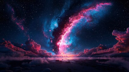 Celestial Journey Illustration, vibrant cosmic landscape, soaring through a star-filled sky, ethereal colors blending seamlessly, evoking a sense of wonder and exploration.
