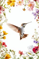 Naklejka premium Hummingbird flying through colorful flowers.