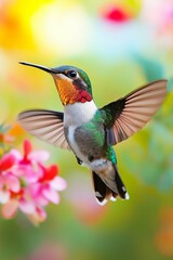 Fototapeta premium Hummingbird in flight, colorful blur background.