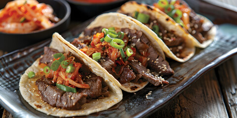 Sweet Savory Korean Tacos with bulgogi beef, kimchi slaw, and gochujang sauce