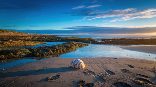 A large, striped seashell rests on the wet sand at sunset, surrounded by tidal pools and rocky outcrops, creating a serene coastal landscape.