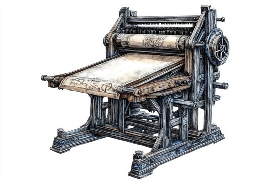 Vintage printing press machine, white isolate background.