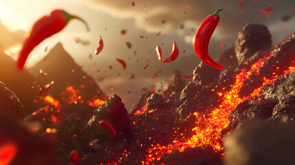 Red Chili pepper flying through the airburning flames in  lava mountain landscape