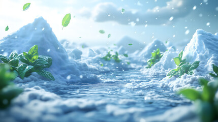 Miniature iceberg landscape, blanketed with snow and large snow mounds scattered throughout. Mint leaves are flying through the air
