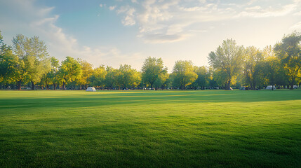 Background texture of clean and wellmaintained grass lawn with a variety of trees in the background against beautiful sky Vacant ground or empty unpowered campsite in a park Copy space : Generative AI