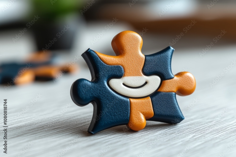 Poster illustration of a single puzzle piece with a smiling face, on a white background for a cheerful desi