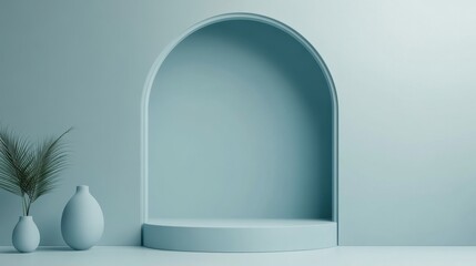 Minimalist Interior Space with Soft Blue Arch and Decorative Elements for Modern Design and Aesthetic Inspiration