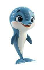 Dolphin cartoon isolated on transparent background.png. character with big eyes, blue skin, and white belly, smiling. kid-friendly projects, marine life themes, and playful designs. clipart