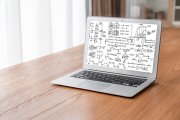 Mathematic equations and modish formula on computer screen showing concept of science and education