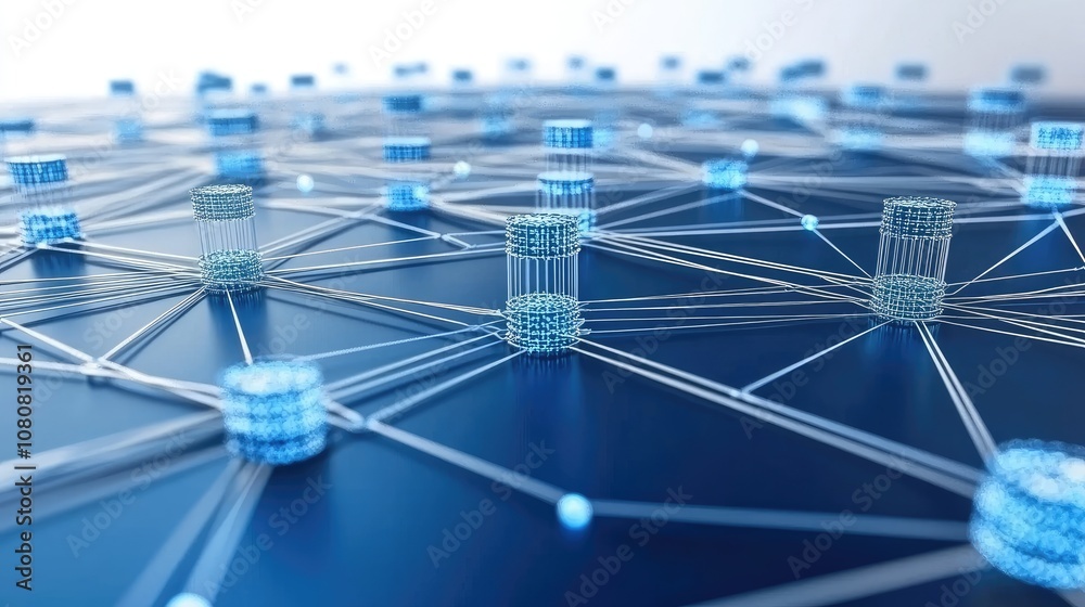 Poster abstract technology network visualization with connected nodes and graphical elements in blue tones 