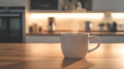 Obraz premium A steaming cup of coffee on a wooden table in a modern kitchen