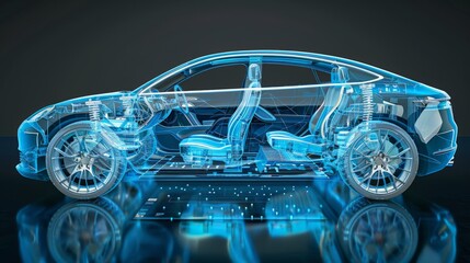 A futuristic electric vehicle is displayed with a transparent outer shell, revealing its sophisticated interior design and advanced technological components