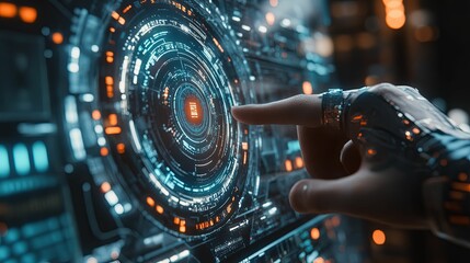 Fototapeta premium A Robotic Finger Interacting with a Futuristic Interface