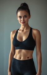 Fototapeta premium Confident Woman in Black Sports Bra with Rose Tattoo, Focused Expression