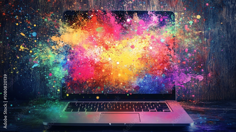 Poster laptop showing colorful explosion of creativity and imagination