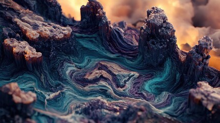 Abstract Landscape with Colorful Textures and Intricate Patterns Representing an Otherworldly Natural Formation in Vibrant Hues of Blue, Purple, and Orange