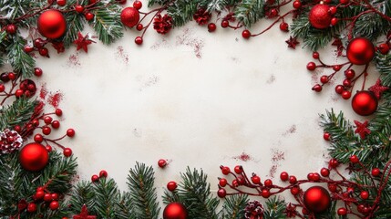 Festive Christmas Decorative Frame with Green Pine Branches, Red Ornaments, Berries, and Stars for Holiday Celebrations and Seasonal Greetings