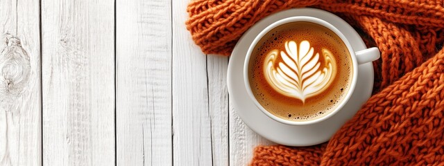 White coffee cup with latte art on rustic table and cozy orange knit. Concept of warmth and autumn relaxation.