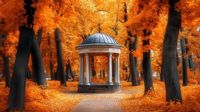 A white gazebo with a dome roof stands in the middle of a path surrounded by trees with vibrant orange and yellow leaves.