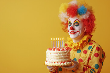 A gentle clown character presenting birthday cake with five candles, yellow backdrop.