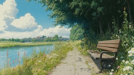 Obraz premium Serene riverside scene with bench surrounded by wildflowers and lush greenery, perfect for relaxation and nature appreciation under a bright blue sky