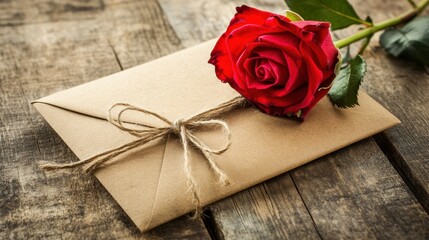 Romantic Gesture with a Red Rose Placed on a Brown Envelope Tied with Twine, Perfect for Love Letters or Special Occasions in a Rustic Setting