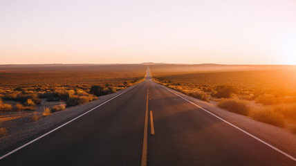 A serene view of a long, empty road stretching into the horizon at sunset, capturing a sense of adventure and tranquility.