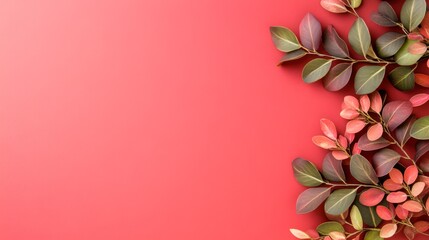 Fototapeta premium A vibrant arrangement of leaves against a coral background creates an eye-catching image suitable for nature-themed projects, backgrounds