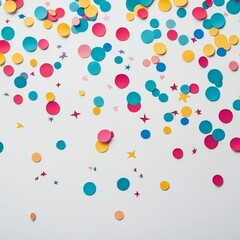 Colorful confetti scattered on white background.